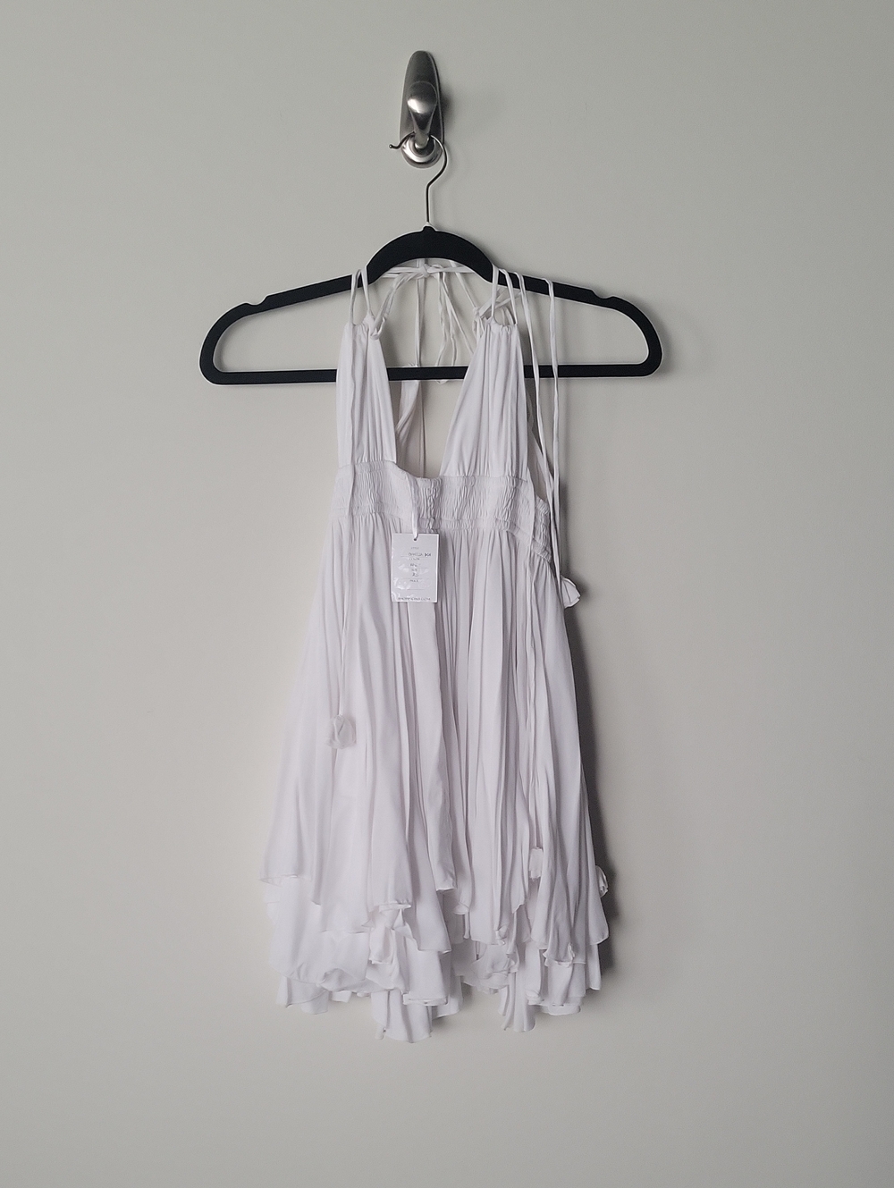 INDAH Ophelia White Ruffle Mini Dress Fairy Smocked Tie Halter Babydoll Boho XS